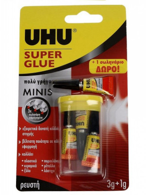 Κόλλα κυανοακρυλική 3 σωληνάρια 1 gr.+ 1 Δώρο - Uhu Super minis