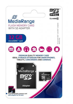 Μνήμη Micro SD Secure Digital με adaptor  32 gb  High class 10 -  MediaRange  