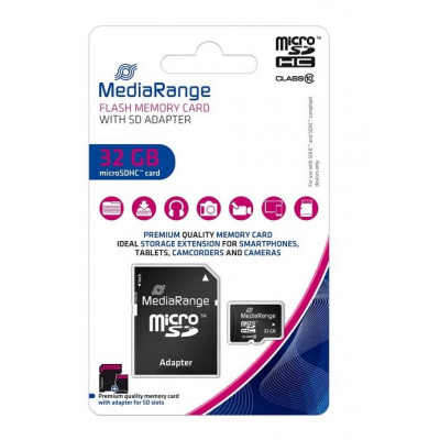 Μνήμη Micro SD Secure Digital με adaptor  32 gb  High class 10 -  MediaRange  