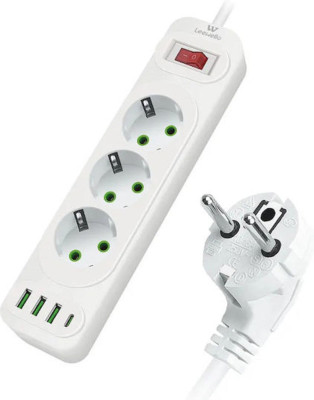 Πολύμπριζο 3 θεσεων σούκο με 3 θύρες usb + 1 θύρα type C κα;ι διακόπτη 
