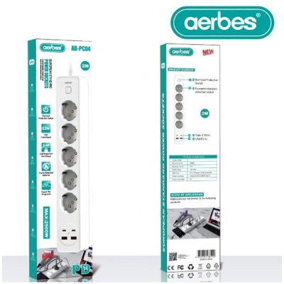 Πολύπριζο ρεύματος με 5 πρίζες σούκω, 2 USB, + 2 Type C, 2500 Watt