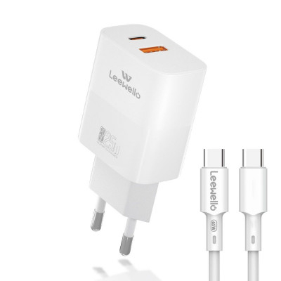 Φορτιστής με Θύρα USB+ θύρα type C και Καλώδιο Type-C  25 watt 